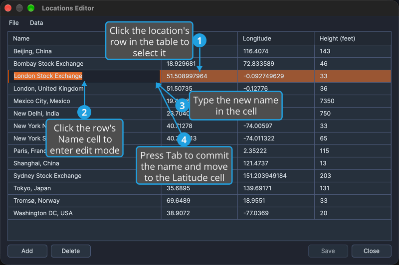 The third location in the Locations table is selected, with its Name cell open for editing.