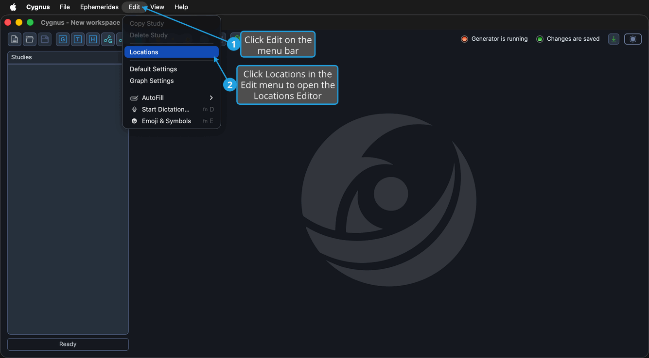 The Edit menu open over the main Cygnus window with the Locations command highlighted.