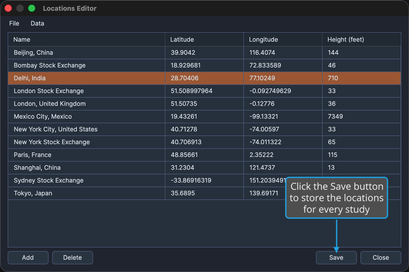 A selected row in the Locations Editor grid, with the Save button at the bottom right enabled.