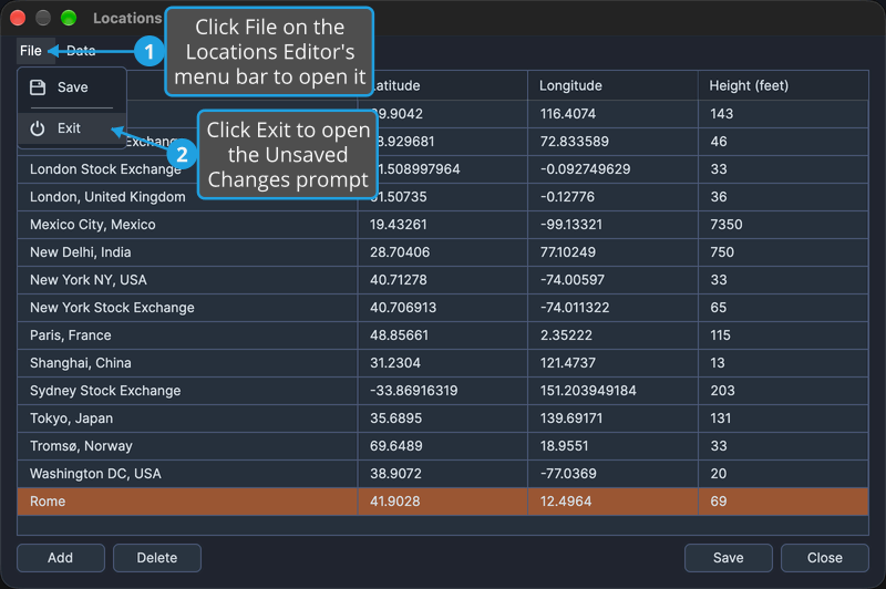 The File menu of the Locations Editor is open with Exit highlighted while the list of locations has unsaved changes.