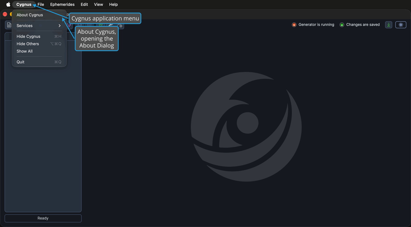The Cygnus application menu is open on the menu bar above the main window, showing the About Cygnus command.