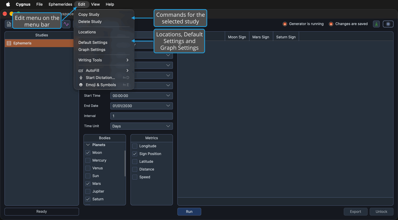 The Edit menu is open on the menu bar above the Cygnus main window, with Copy Study and Delete Study above Locations, Default Settings and Graph Settings.