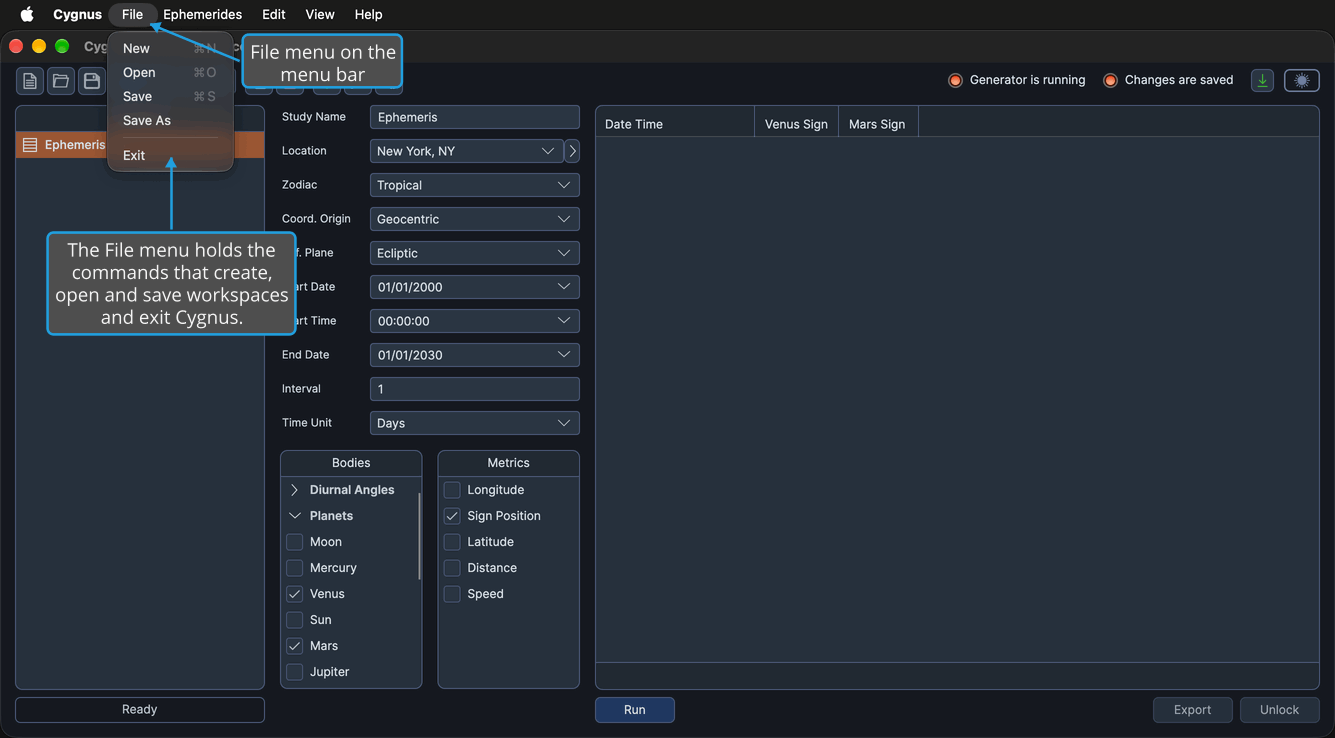 The File menu is open on the menu bar above the Cygnus main window, listing New, Open, Save, Save As and Exit.