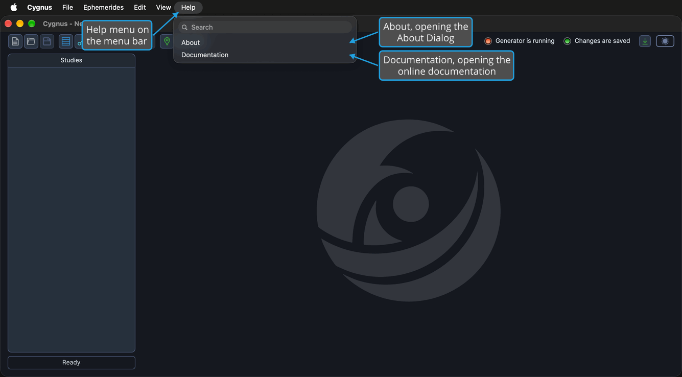 The Help menu is open on the menu bar above the Cygnus main window, listing the About and Documentation commands.