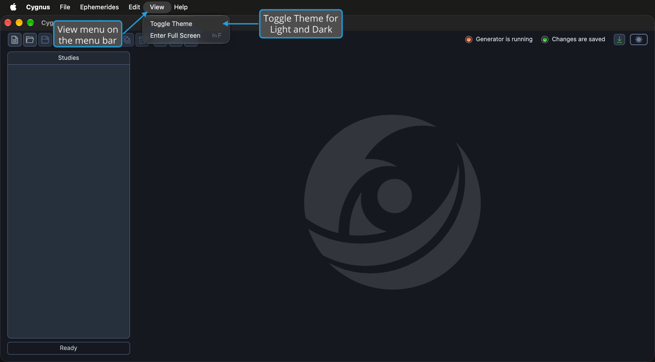 The View menu is open on the menu bar above the Cygnus main window, showing the Toggle Theme command.