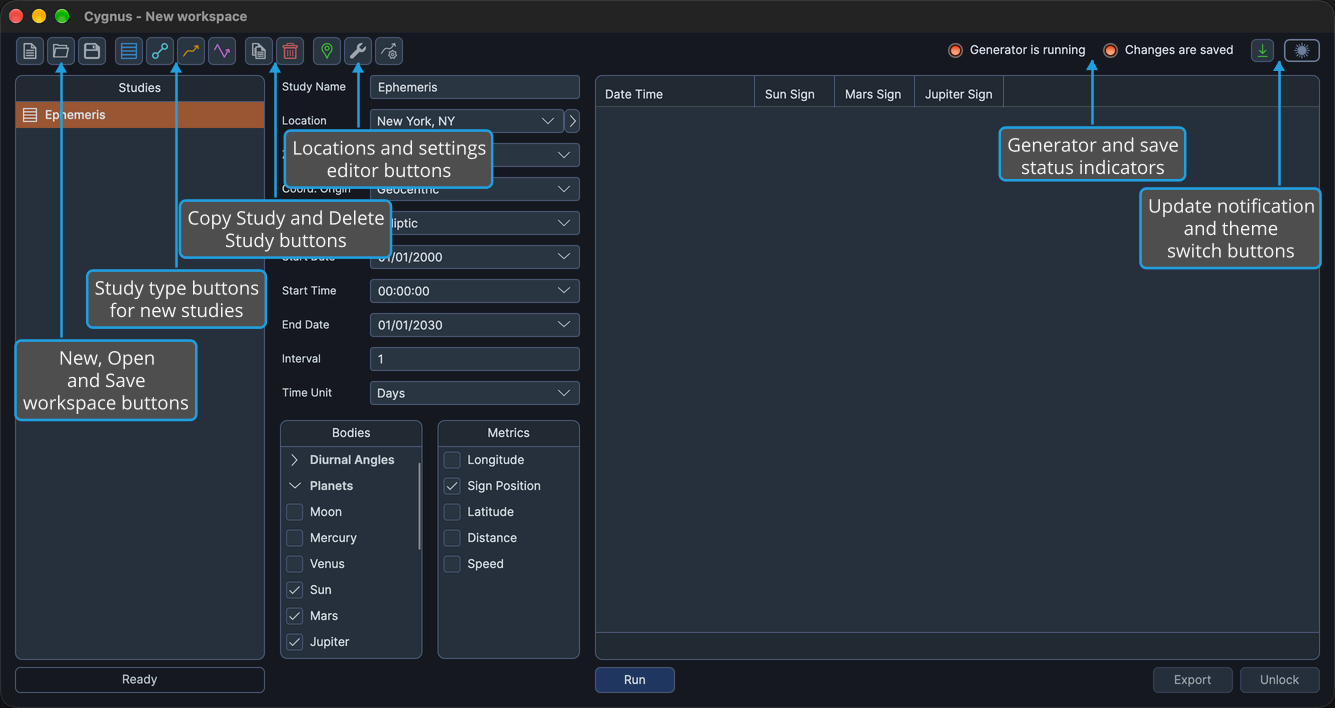 The Cygnus toolbar row shows its four button groups for workspaces, study types, studies and settings, followed by the status indicators, the update notification button and the theme switch.