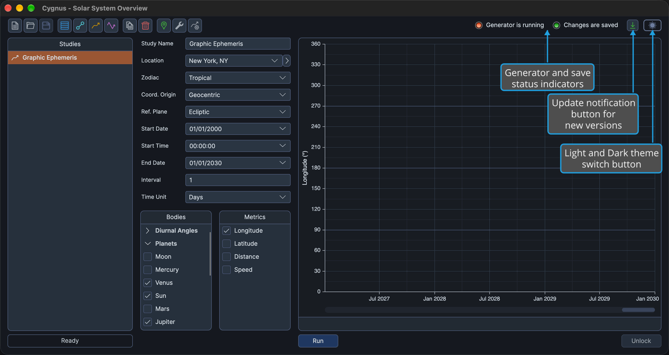 The right end of the Cygnus toolbar row holds the two status indicators, the update notification button and the theme switch.