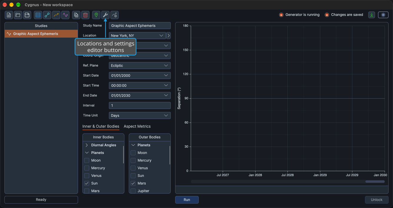 The Locations, Default Settings and Graph Settings buttons on the Cygnus toolbar open the settings editors.
