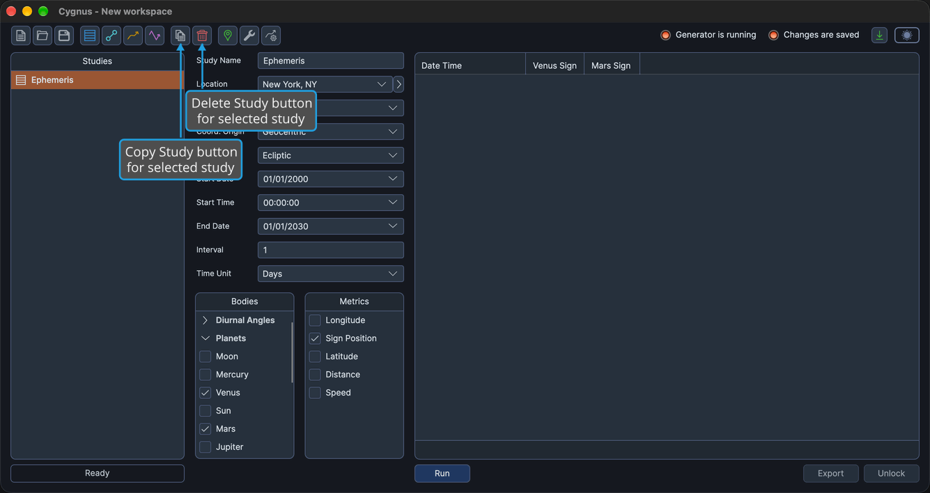The Copy Study and Delete Study buttons on the Cygnus toolbar act on the study selected in the Studies list.
