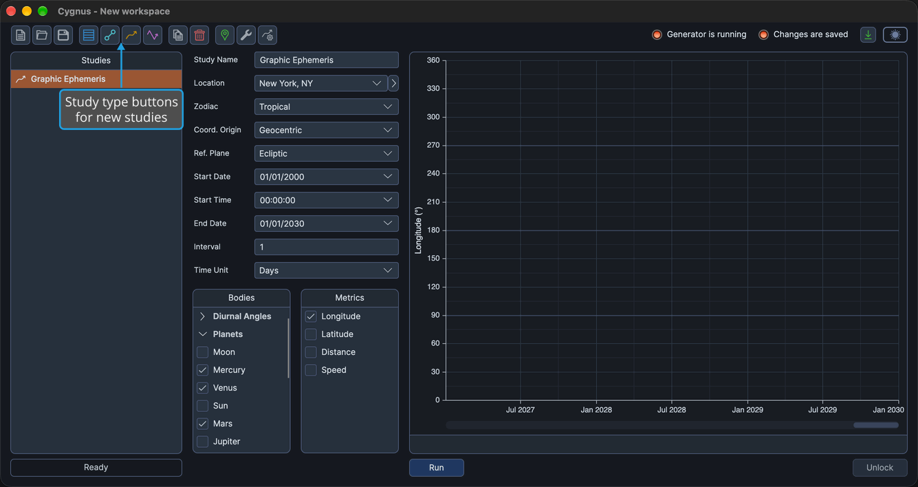 The four study type buttons, Ephemeris, Aspect Ephemeris, Graphic Ephemeris and Graphic Aspect Ephemeris, follow the workspace buttons on the Cygnus toolbar.
