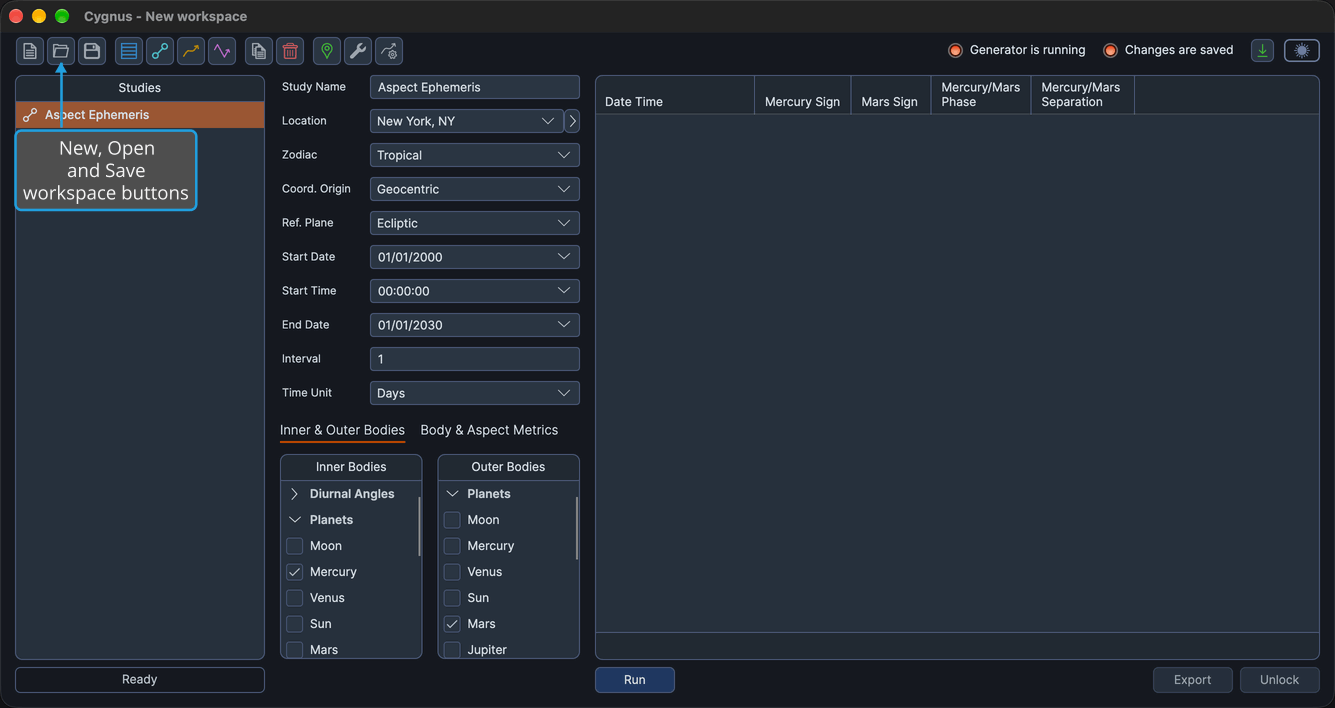 The New, Open and Save workspace buttons sit at the left end of the Cygnus toolbar.