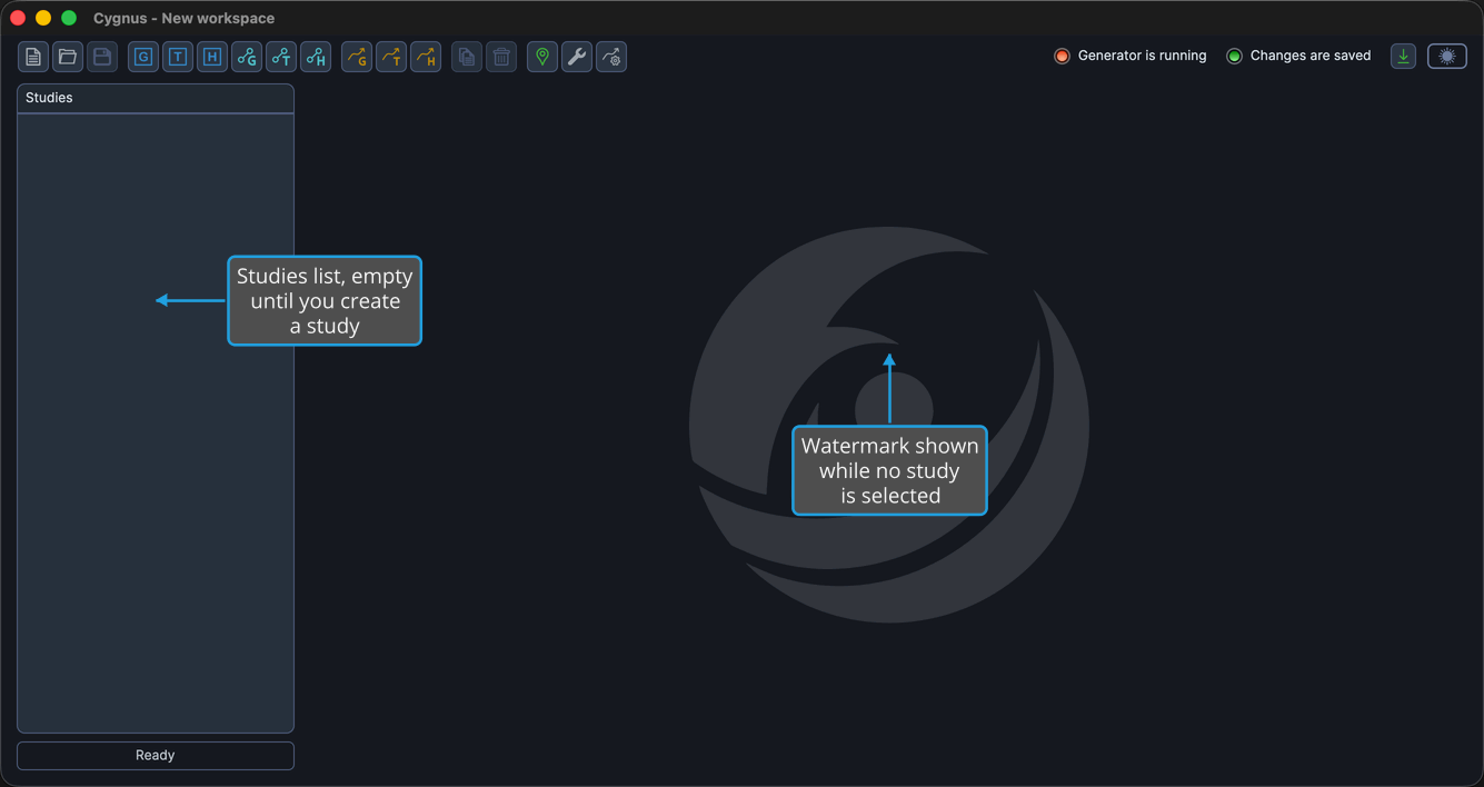 The main window with an empty Studies list and the large application-icon watermark filling the content pane.