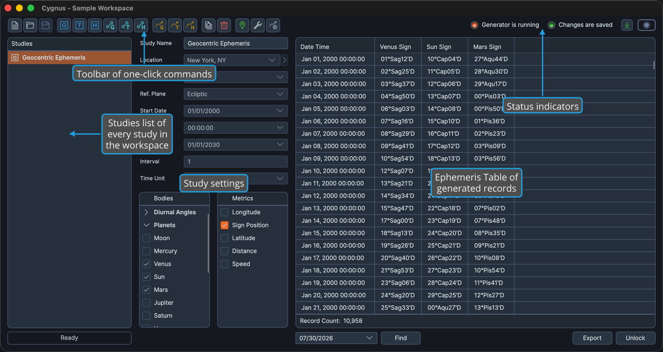 The toolbar, the Studies list on the left, and the selected study's settings column and ephemeris table on the right.