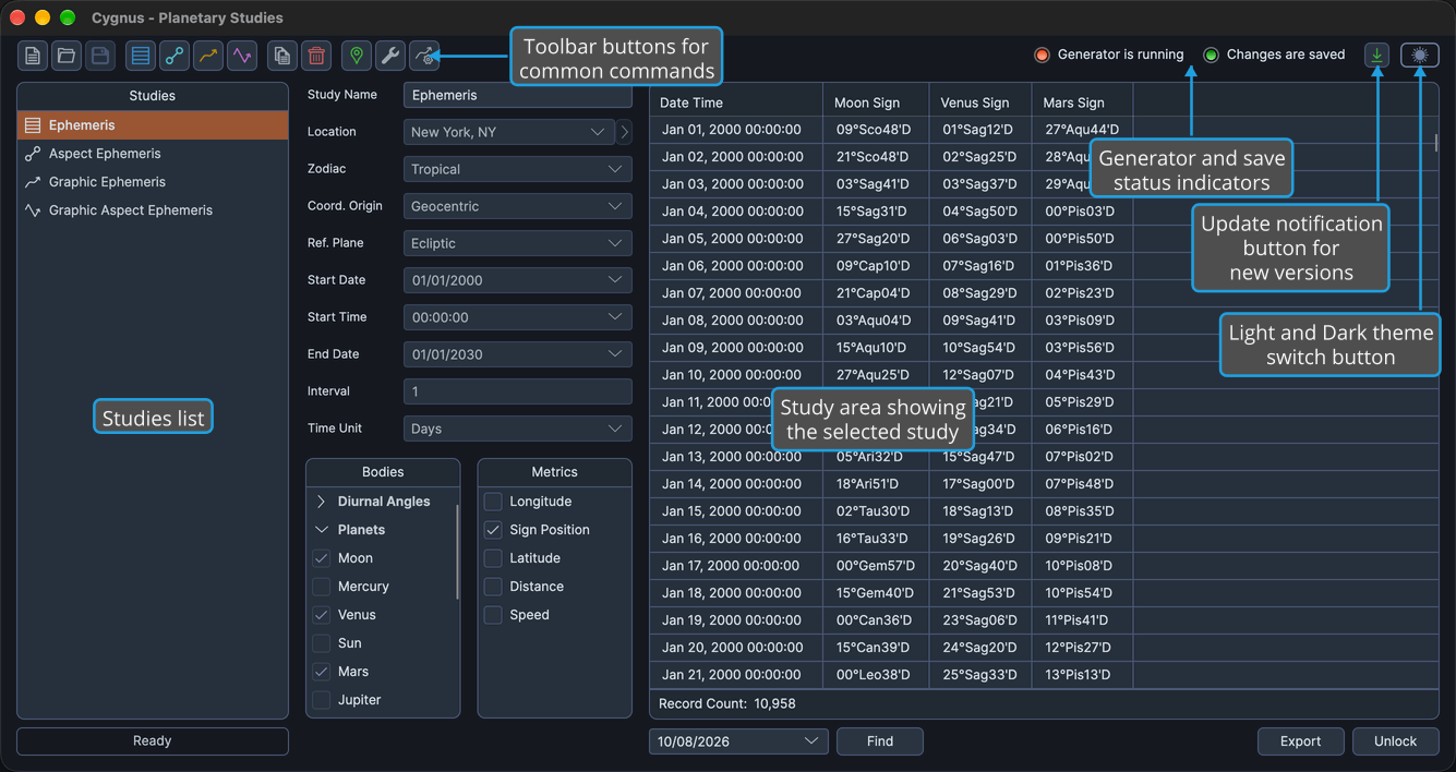 The Cygnus main window in the Dark theme shows the toolbar row across the top, four studies in the Studies list and a generated Ephemeris study in the study area.