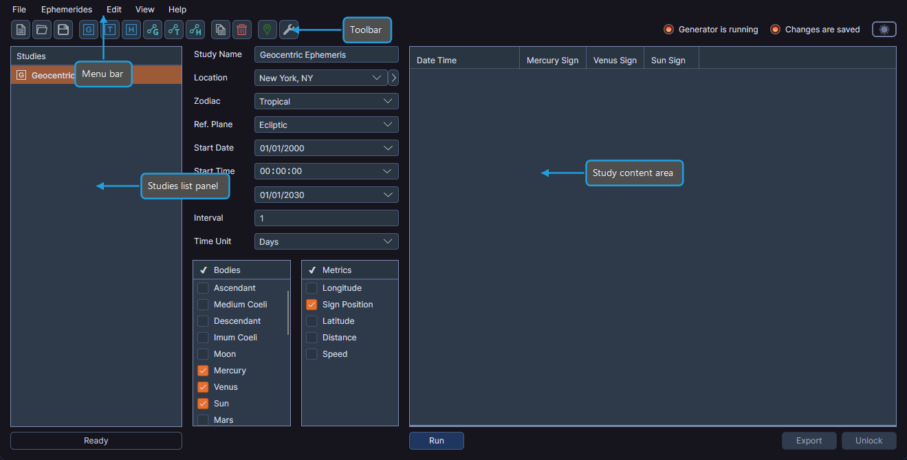 Cygnus main window layout showing menu bar, toolbar, studies list panel, and study content area