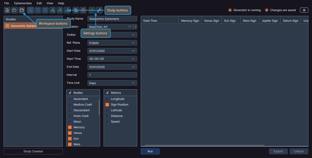Cygnus toolbar showing workspace buttons, study buttons, and settings buttons
