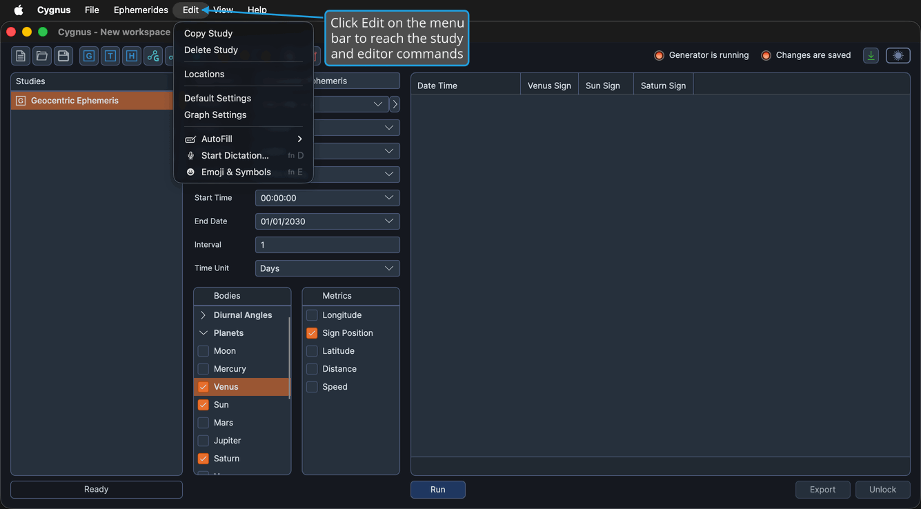 The Edit menu open, listing Copy Study, Delete Study, Locations, Default Settings, and Graph Settings.