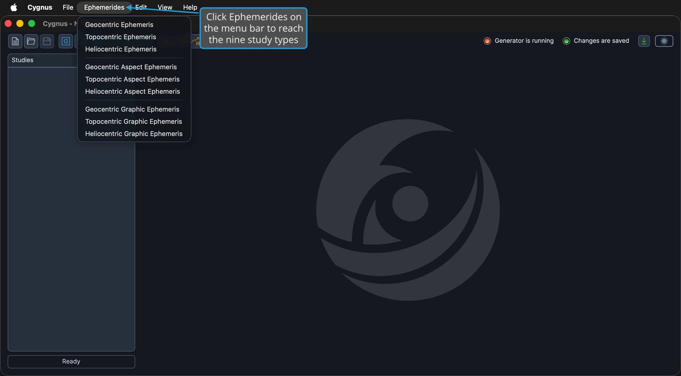 The Ephemerides menu open on the menu bar, its nine study types divided into standard, aspect, and graphic groups.