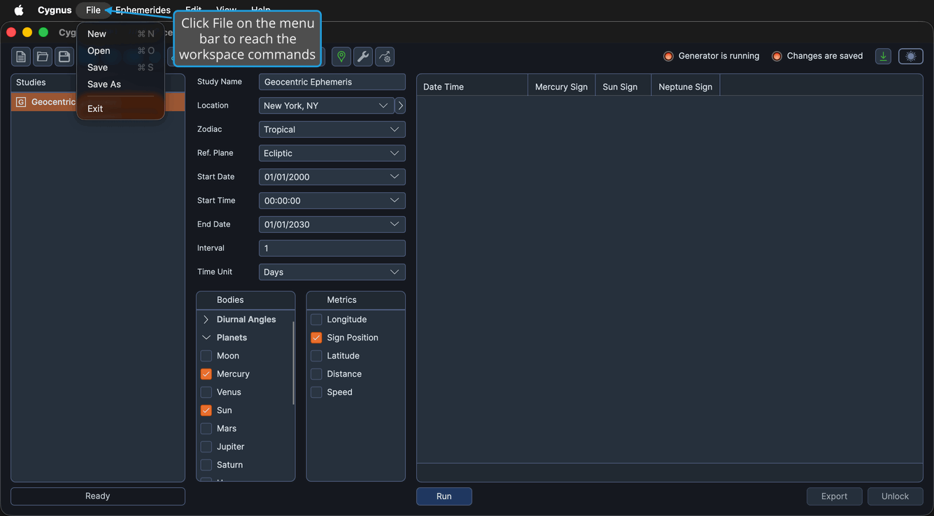 The File menu open over the Cygnus window, listing New, Open, Save, Save As, and Exit with their shortcuts.