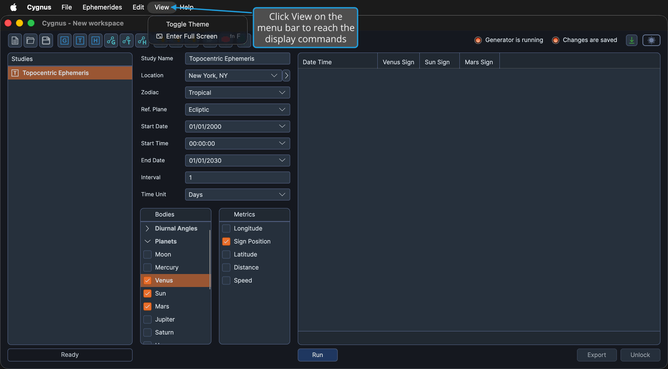 The View menu dropped down from the menu bar with Toggle Theme as its first command, over an open study editor.