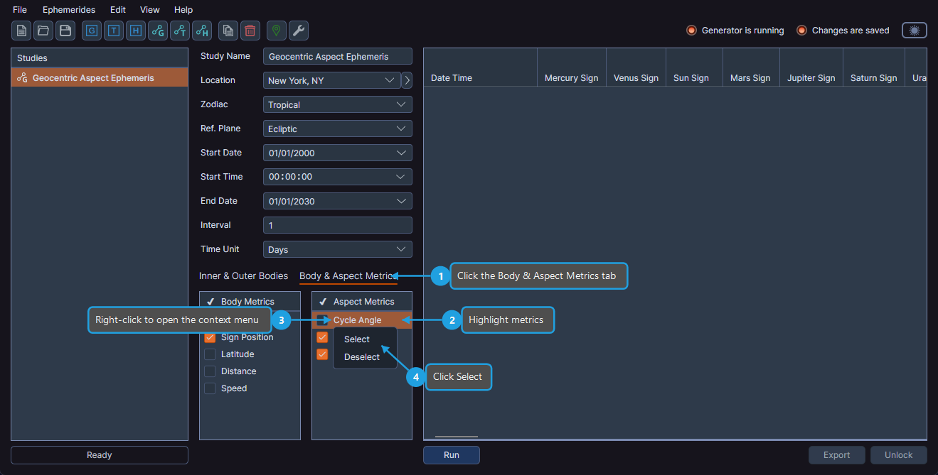 Aspect metrics context menu showing Select, Deselect, and Presets options