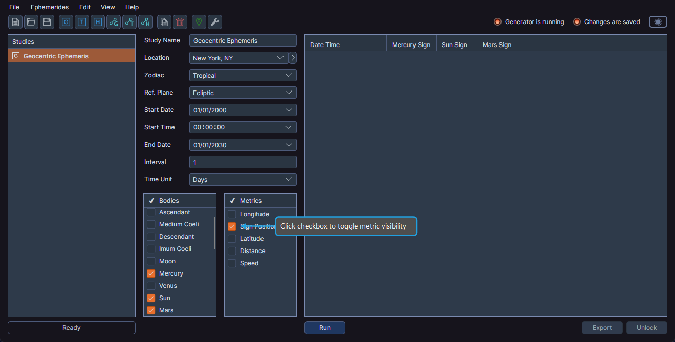 Metrics list panel showing available metrics for selection