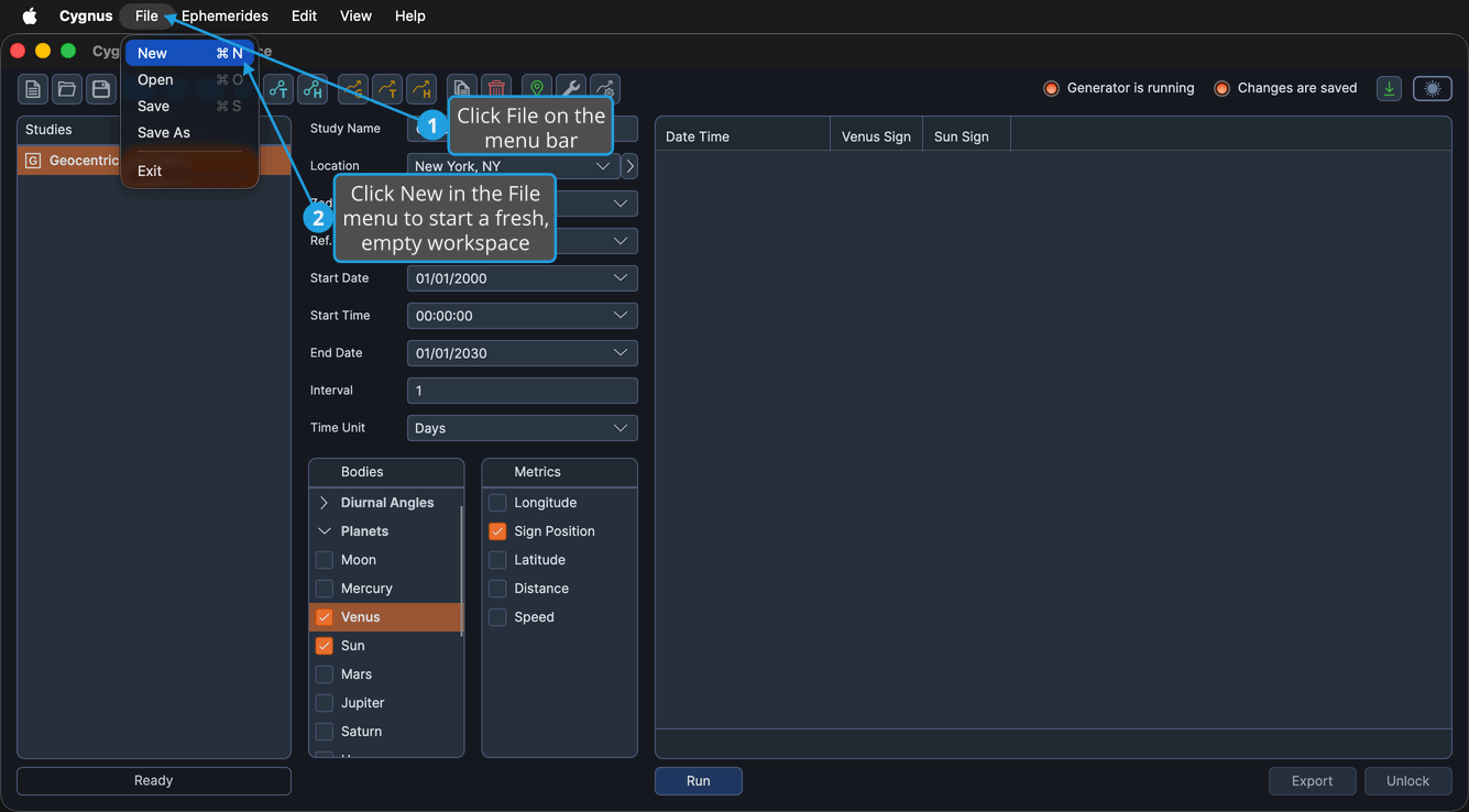The File menu open over the Cygnus window, with the New command highlighted at the top of the menu.