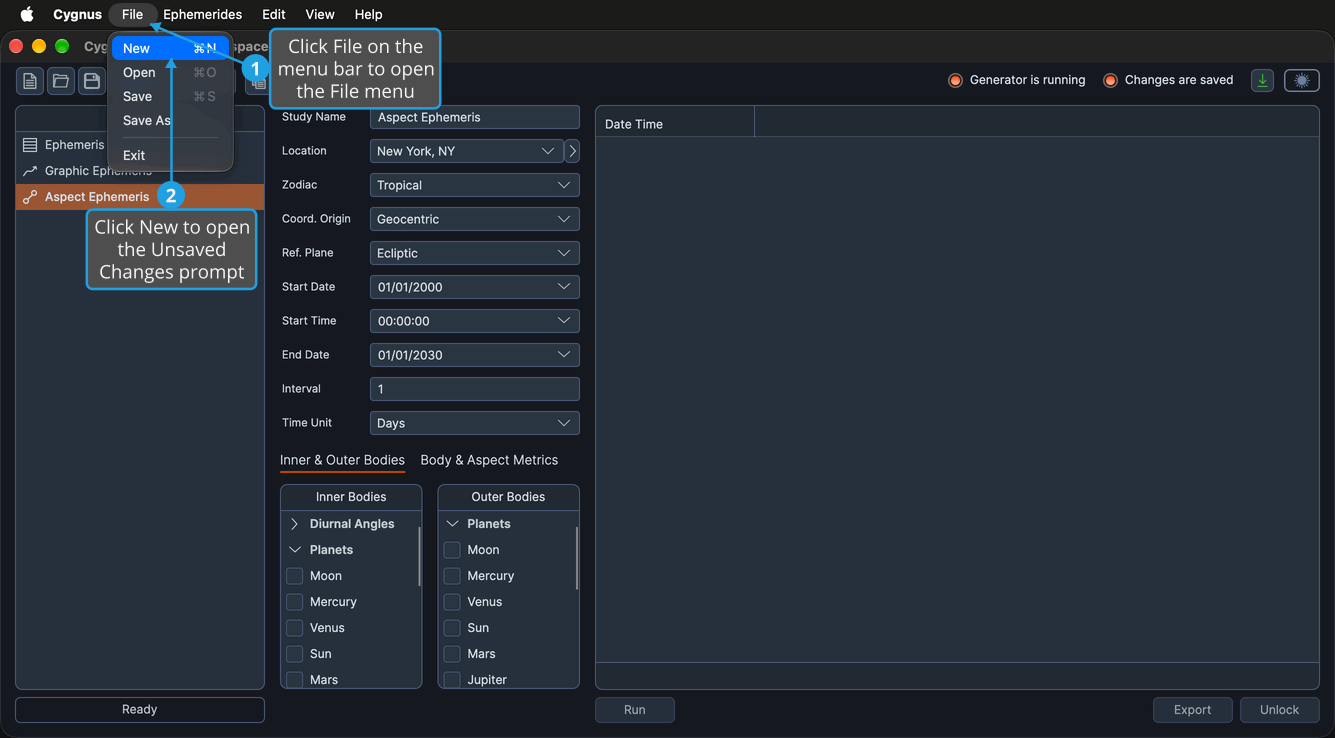 The File menu open with New highlighted over a saved workspace that has unsaved changes, its Changes are saved indicator shown red.