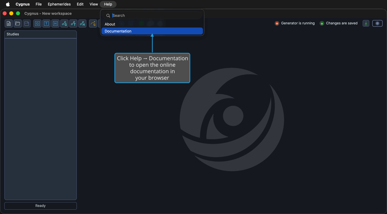 The Help menu open with the Documentation entry highlighted below the About entry.