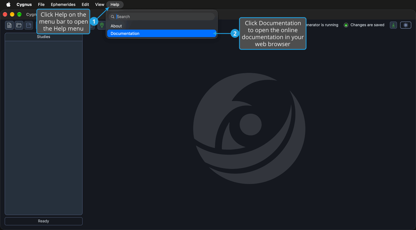 The Help menu is open on the menu bar above the Cygnus main window, with the Documentation command below About.