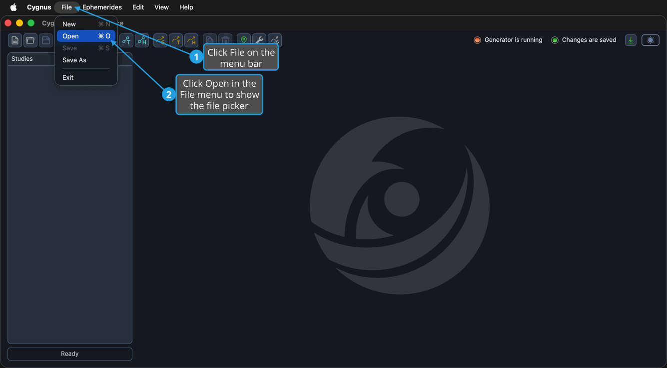 The File menu open over an empty workspace, with the Open command highlighted and Save dimmed.