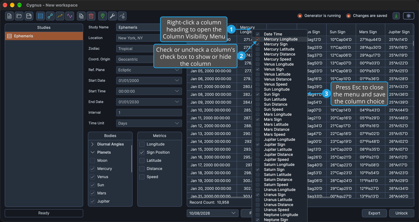 The Column Visibility Menu open beside the Date Time column, listing the ephemeris table columns with check boxes and one Longitude column just checked.