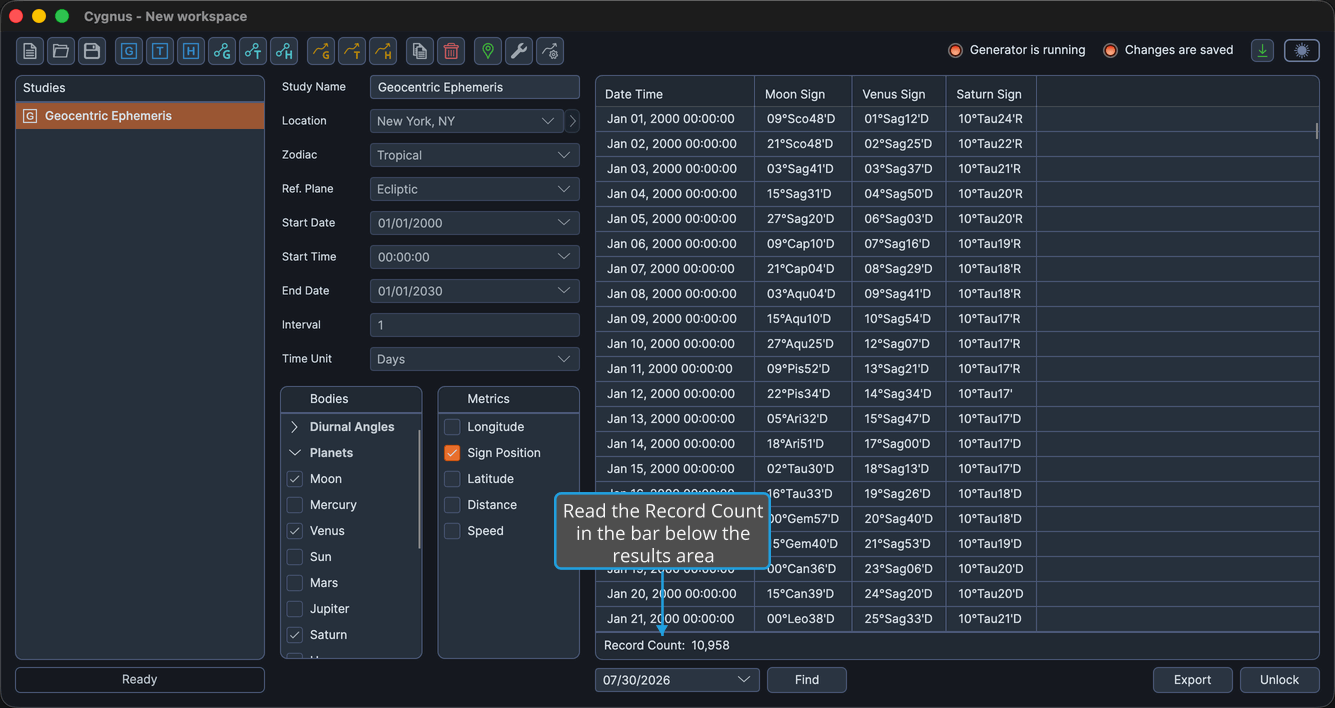 The Record Count bar reading 10,958 directly beneath the populated ephemeris table.