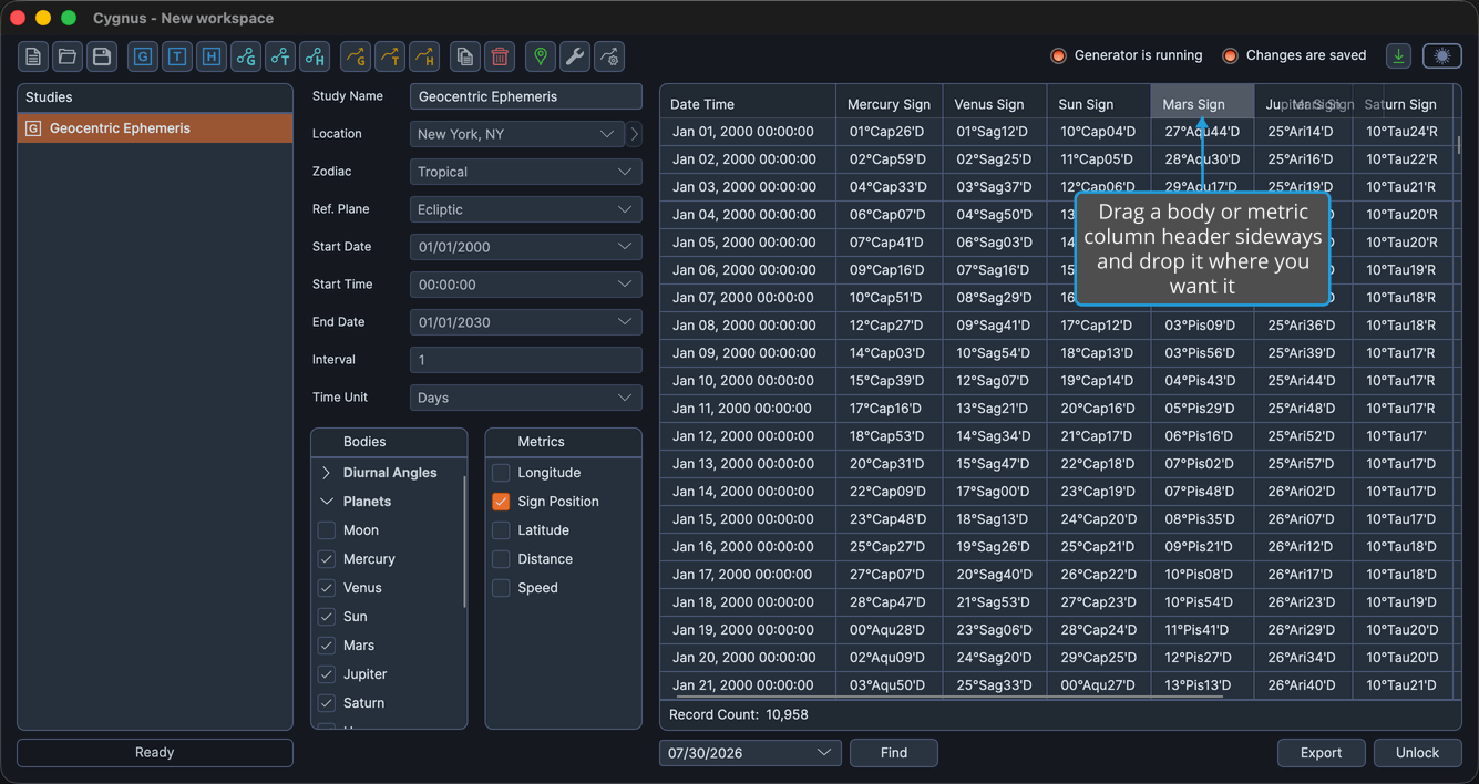 The Mars Sign column header being dragged sideways across the neighboring Sign column headers in the ephemeris table.