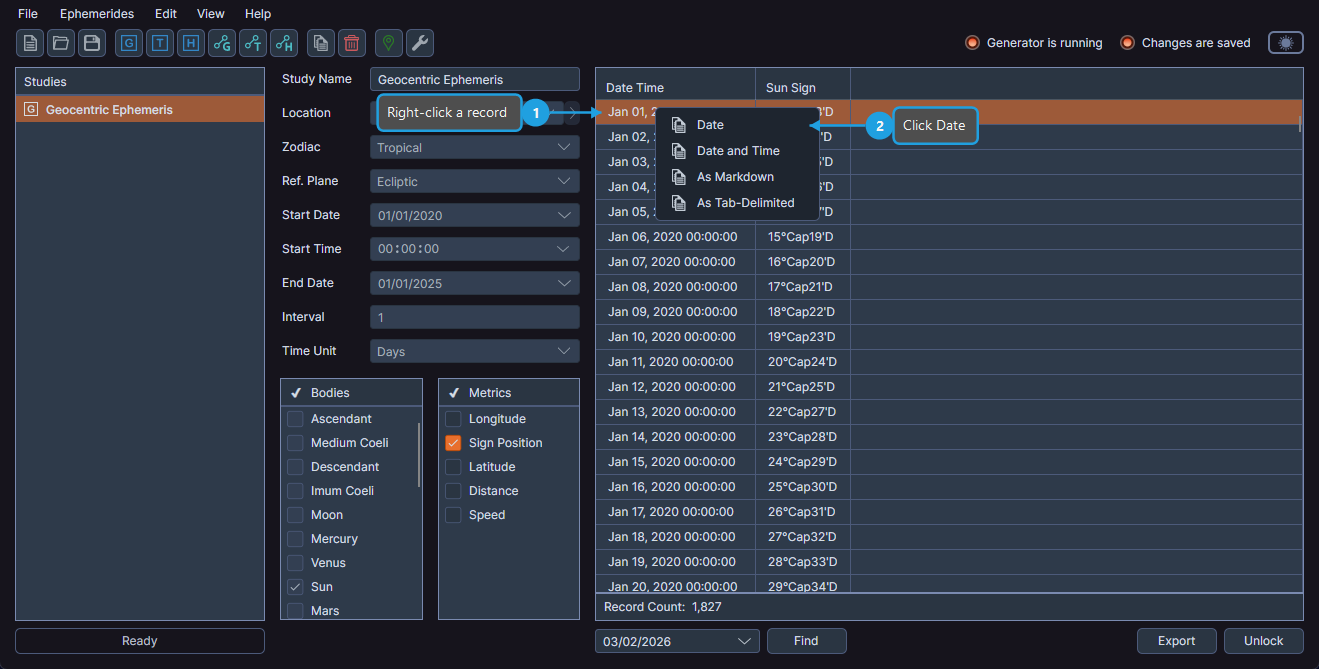 Results table context menu showing date copy options
