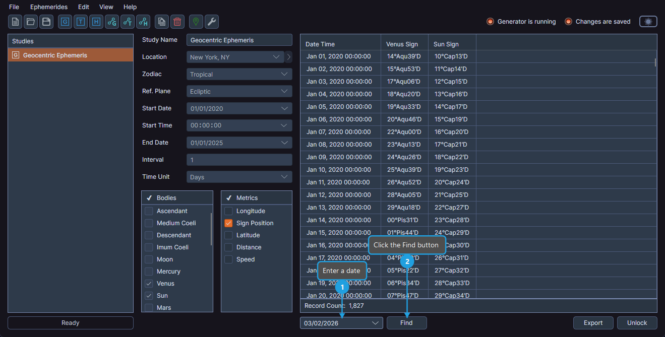 Results navigation showing the Find by Date controls at the bottom of the results table