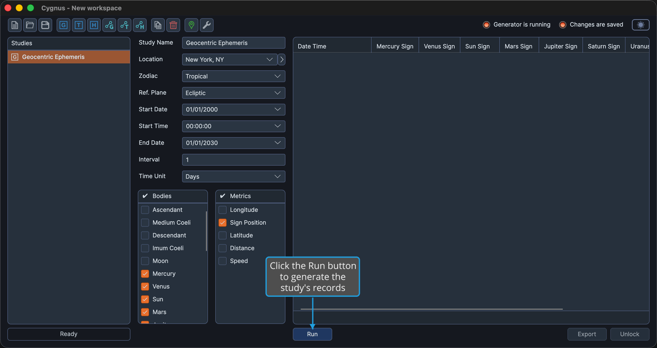 A configured study before generation, with the Run button visible below the empty ephemeris table.