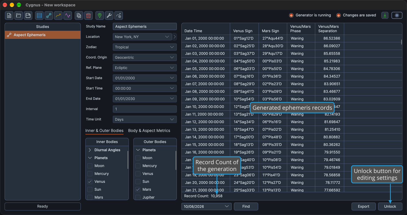 A generated Aspect Ephemeris study for Venus and Mars, its ephemeris table filled with records, the Record Count beneath it and the Unlock button in the button bar.