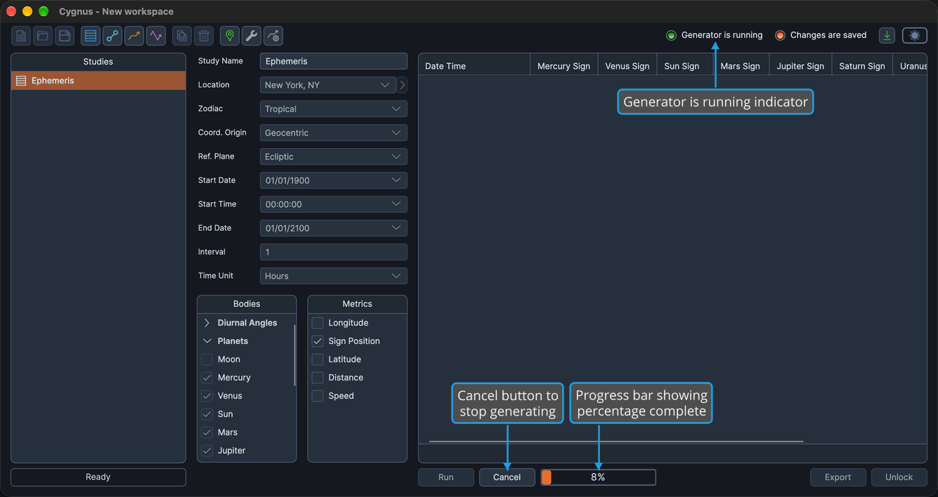 An Ephemeris study part-way through generation, with the progress bar beside the Cancel button and the Generator is running indicator lit green.