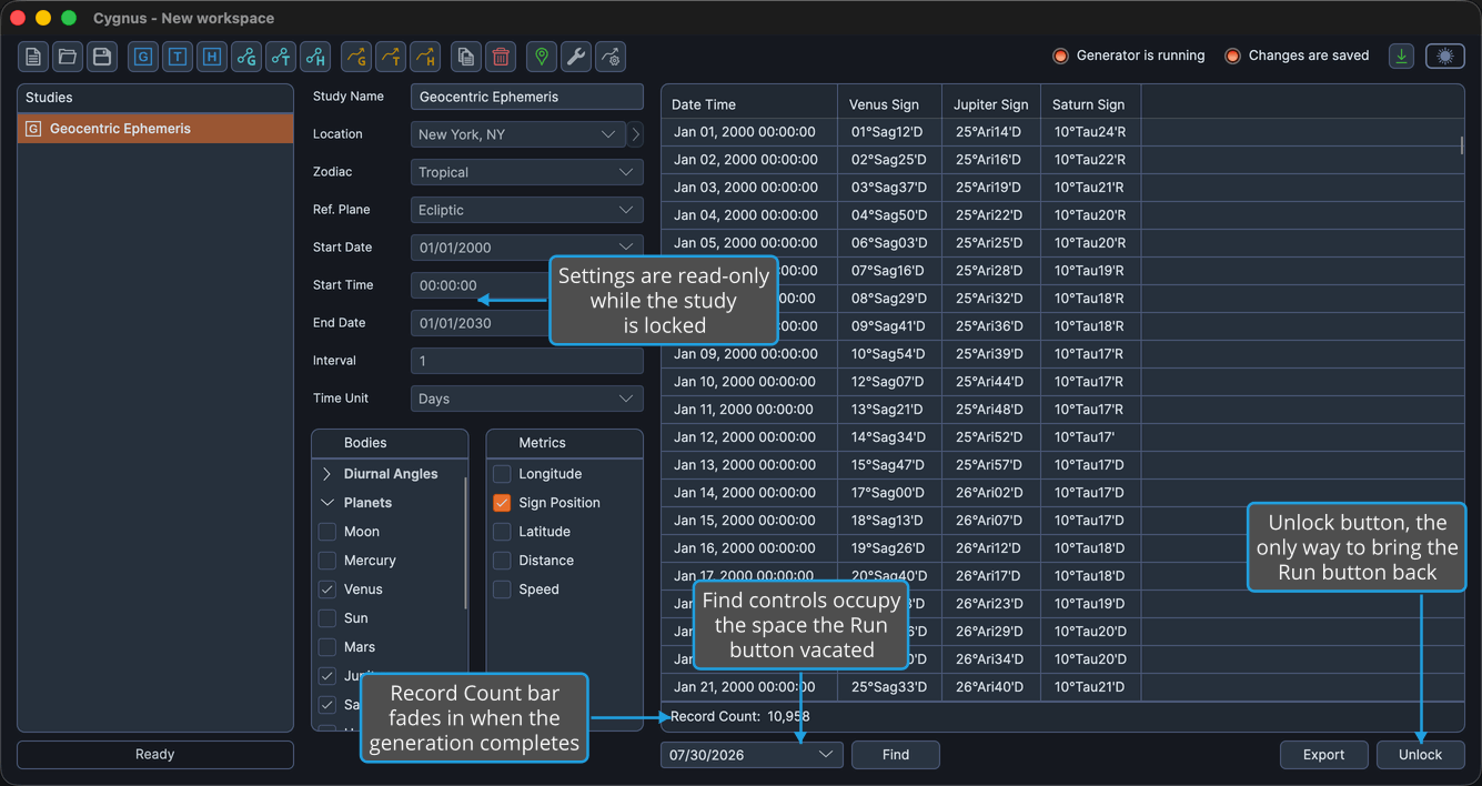 A locked Geocentric Ephemeris Study with a populated ephemeris table, read-only settings, and no visible Run button.