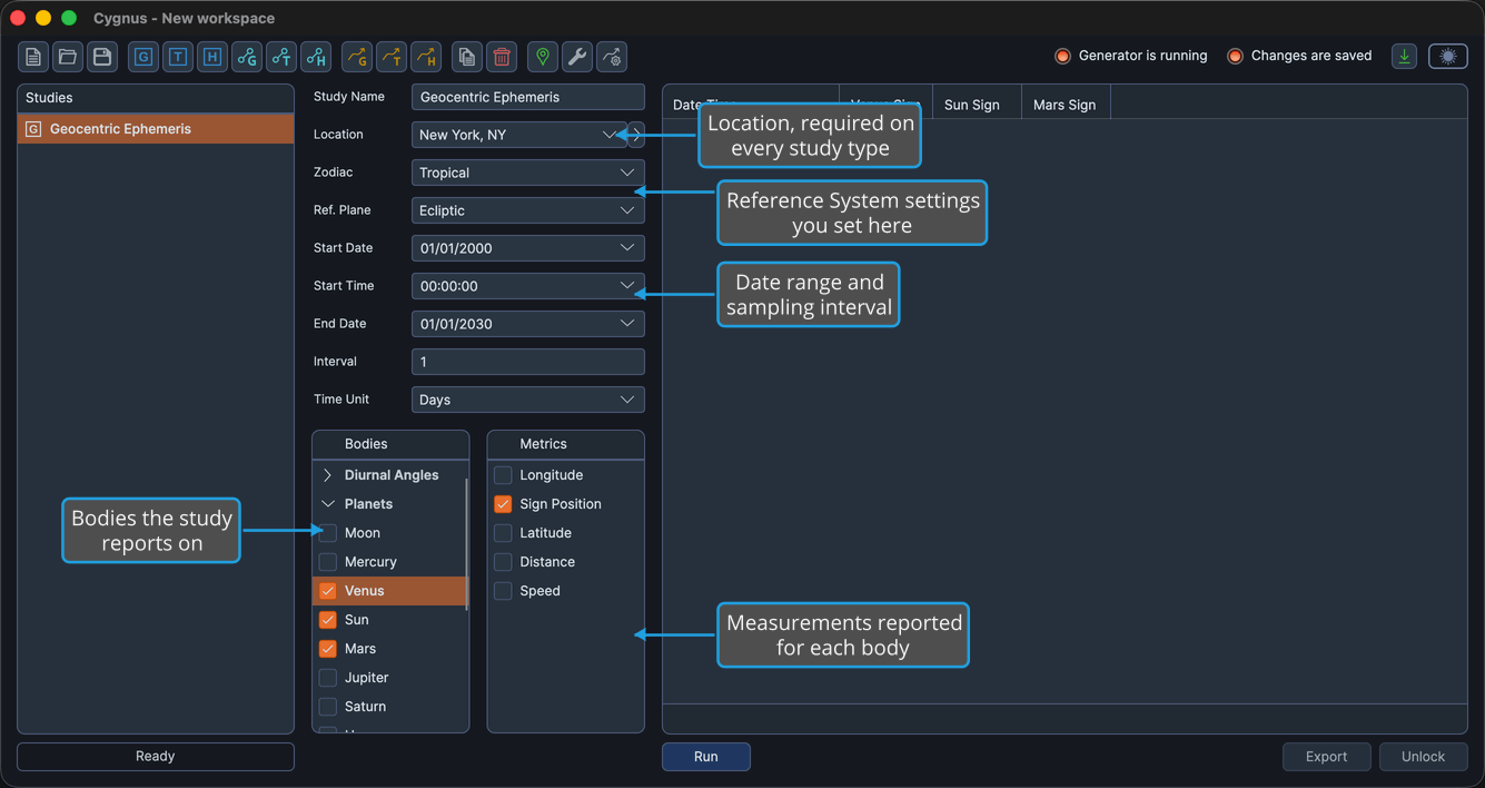 A Geocentric Ephemeris Study editor showing the location, reference system, date range, Bodies list, and Metrics list.