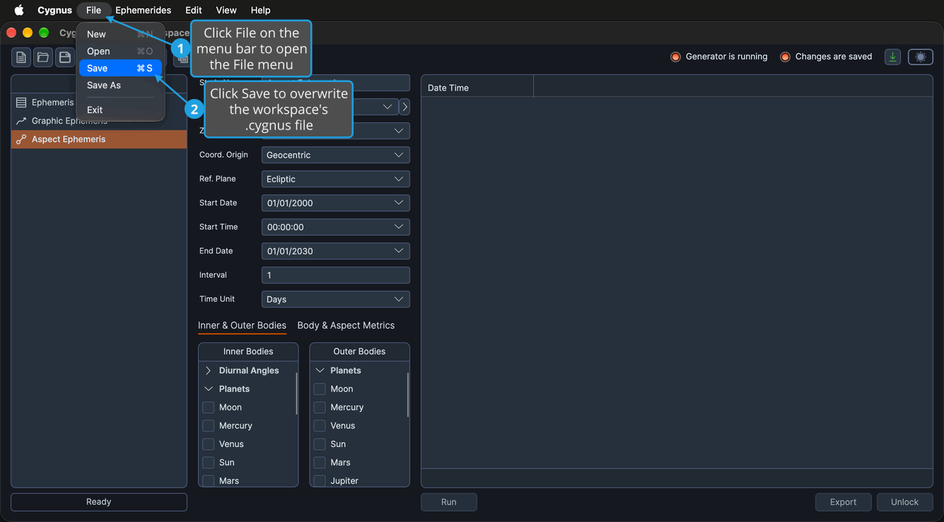 The File menu open with Save highlighted over a workspace opened from a .cygnus file, where a new study has left unsaved changes.