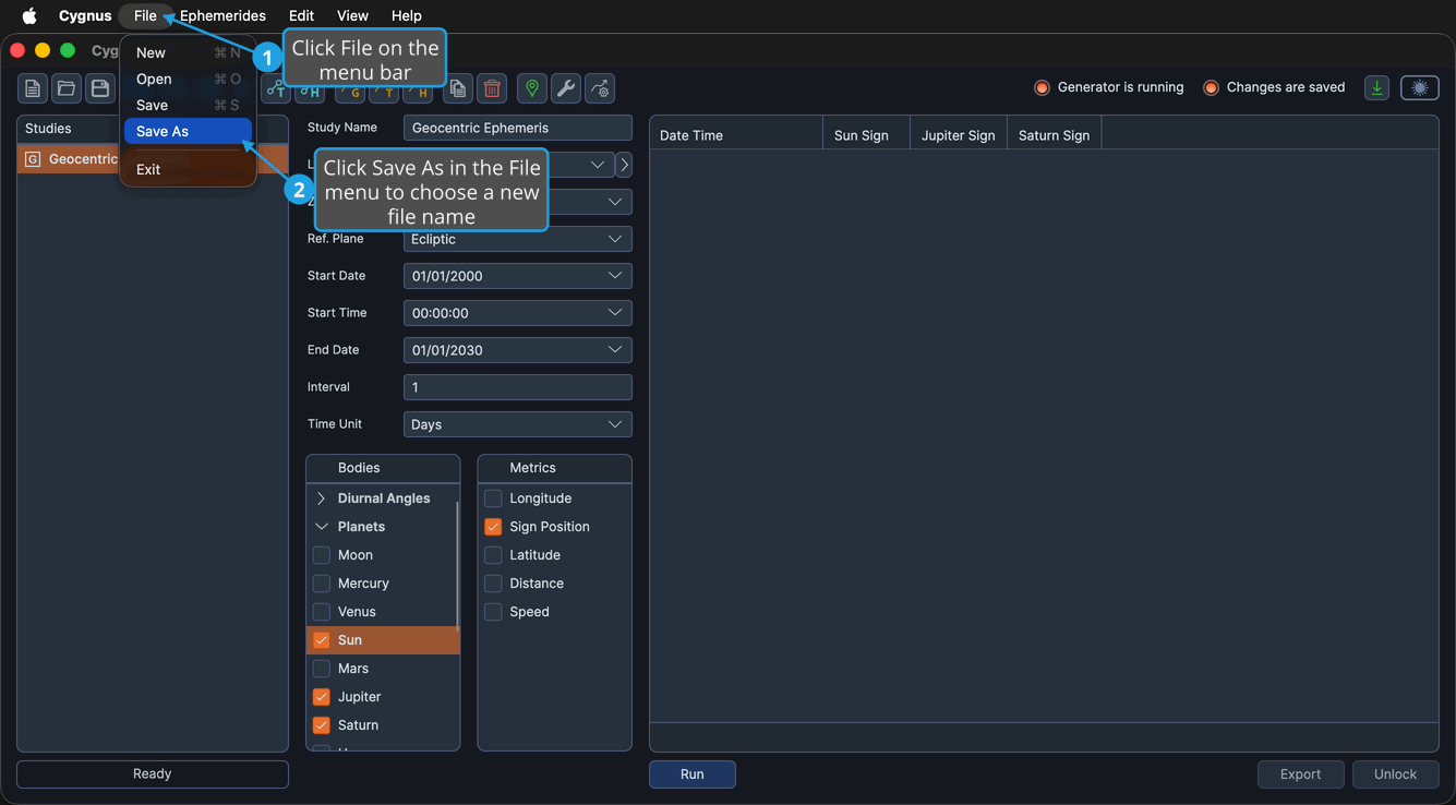 The Save As command highlighted in the File menu open over the Cygnus window, below Save.