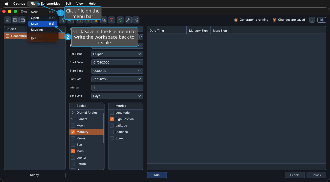 The File menu open over a study editor, with Save highlighted between Open and Save As.