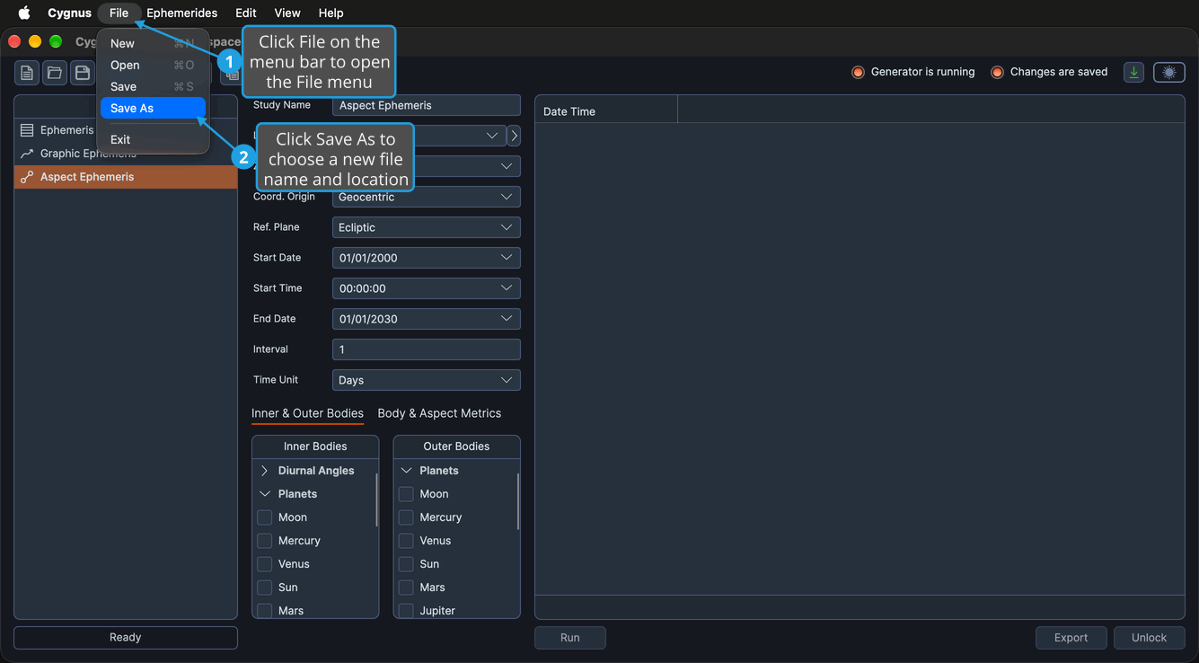 The File menu open with Save As highlighted over the main window, with three studies in the Studies list, the Aspect Ephemeris study selected and the Changes are saved indicator red.
