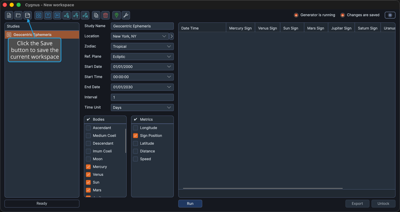The Cygnus toolbar with a study present and unsaved changes.