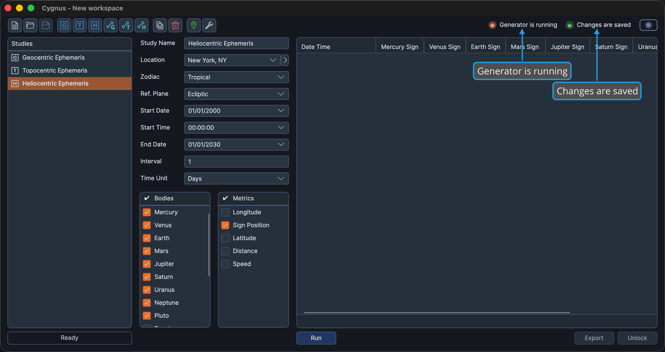 The status area at the top right of the main window in a saved workspace.