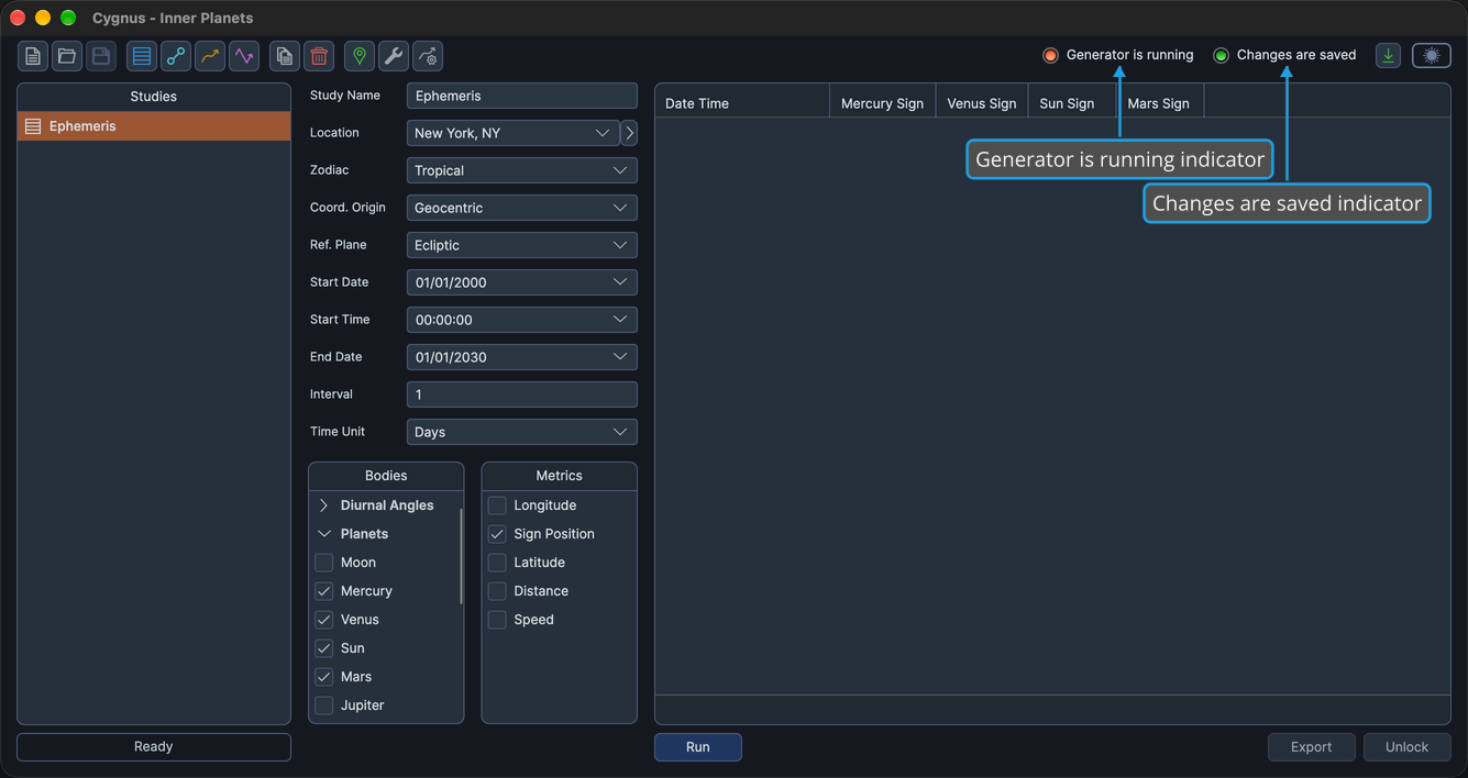 At the right end of the Cygnus toolbar row, the Generator is running indicator is red and the Changes are saved indicator is green.