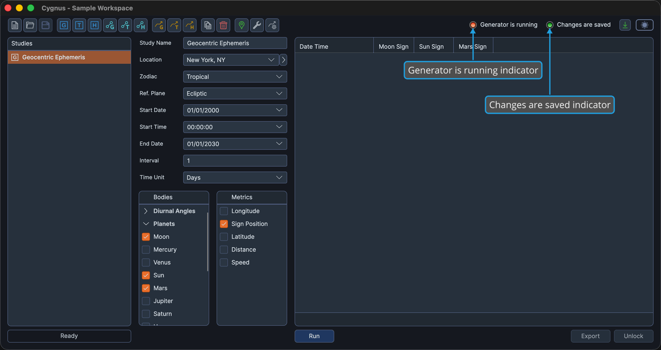 The two status indicators at the top right, with Changes are saved lit green and Generator is running lit red.