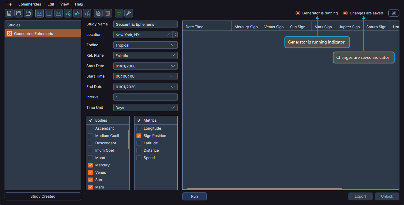 Toolbar status indicators showing Generator is running and Changes are saved indicators